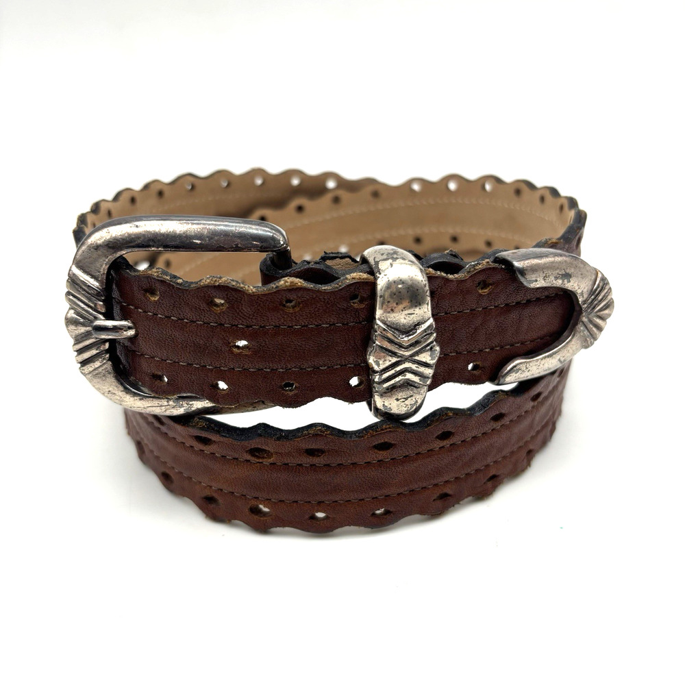 Vintage 90s Leatherock 9211 Brown Leather Scallop Trim Eyelet Hole Belt L 29-33"